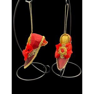Vintage Set of 2 Red Fabric Gold Trim Bow Decorative Shoe Christmas Ornaments
